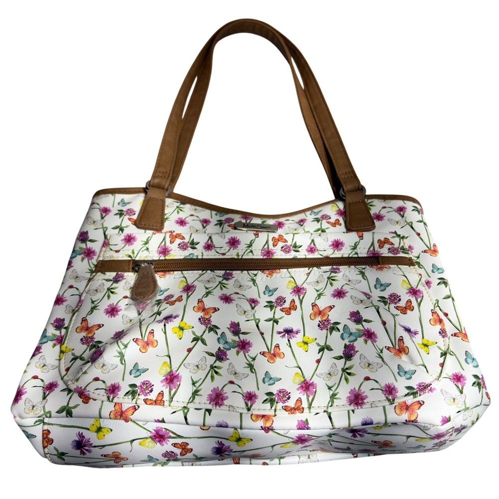 MultiSac Shoulder Bag Womens Medium White Floral Butterfly Print Handbag 74039